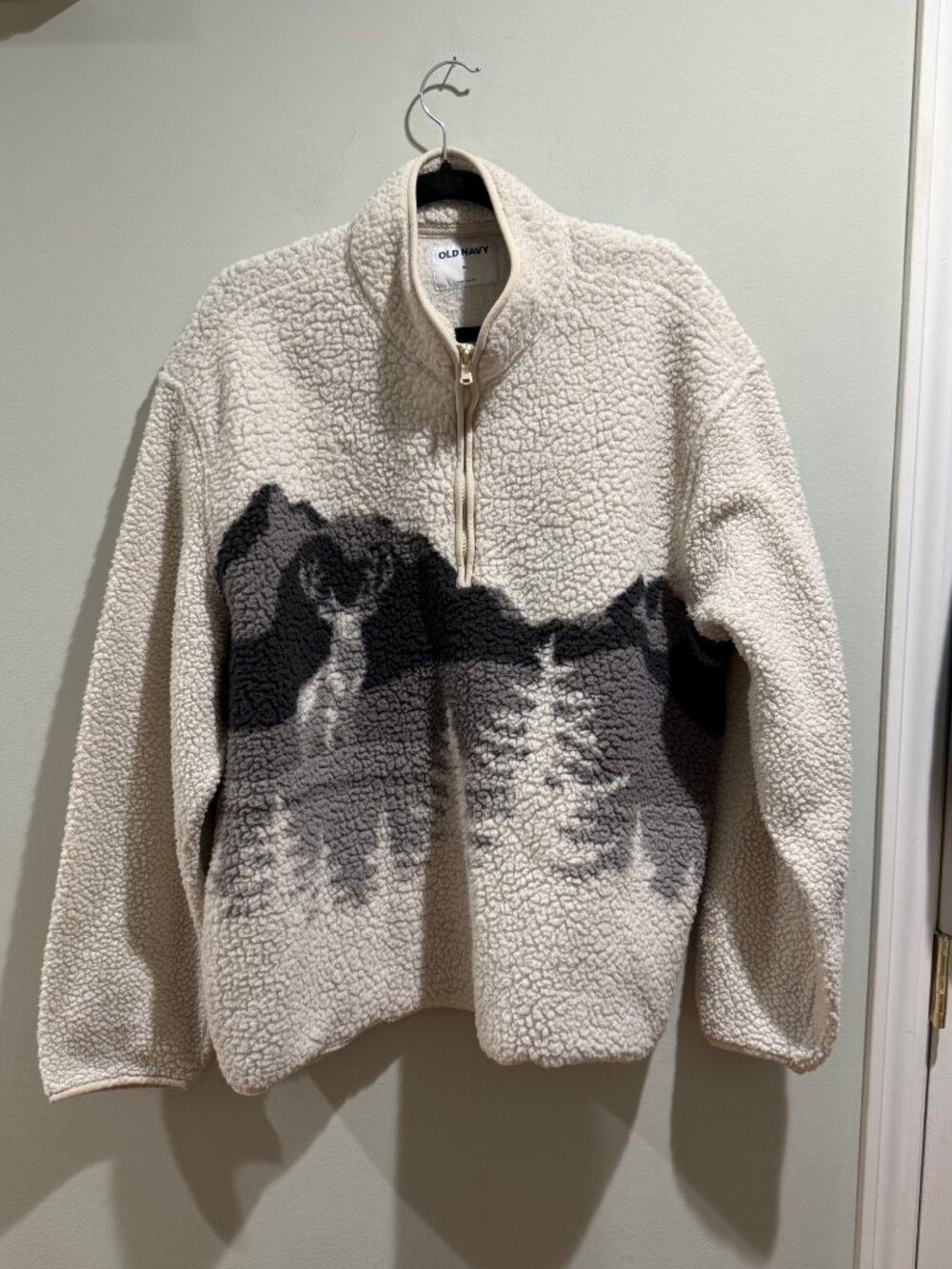 Old Navy Men's Winter Landscape Deer Sherpa Quarter-Zip Pullover XL